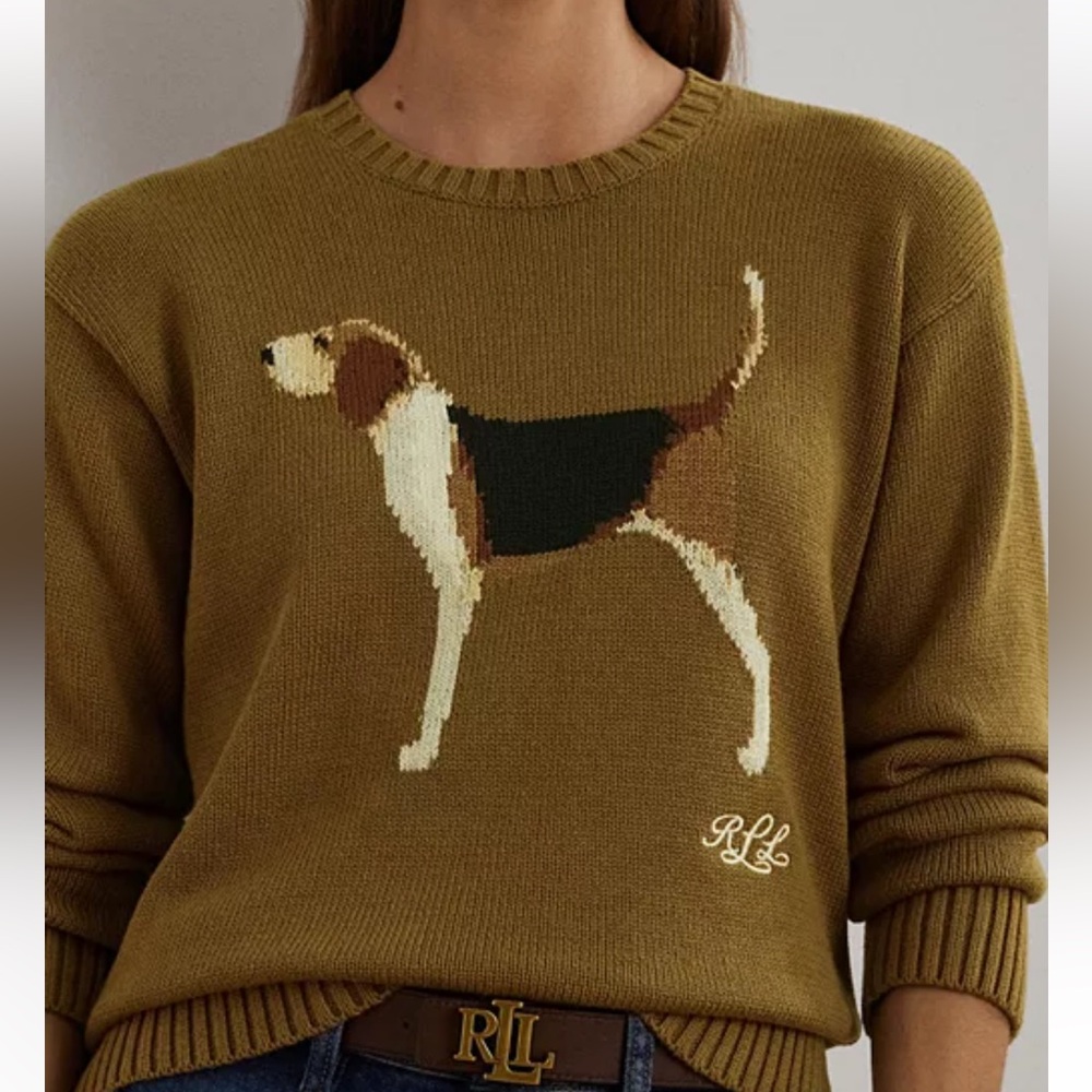 Intarsia-Knit Beagle Crew Neck "LRL" Script Embroidered Sweater XS NWT